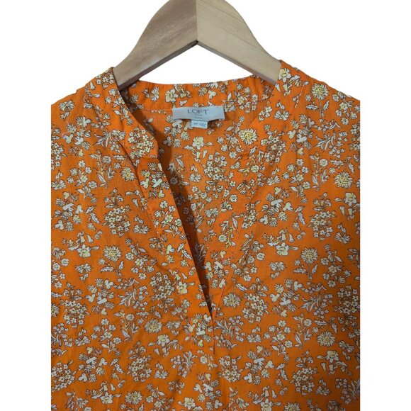 Loft Midi Dress S Petite Orange Floral Cottagecore Prairie 3/4 Sleeve V-Neck - Picture 3 of 9
